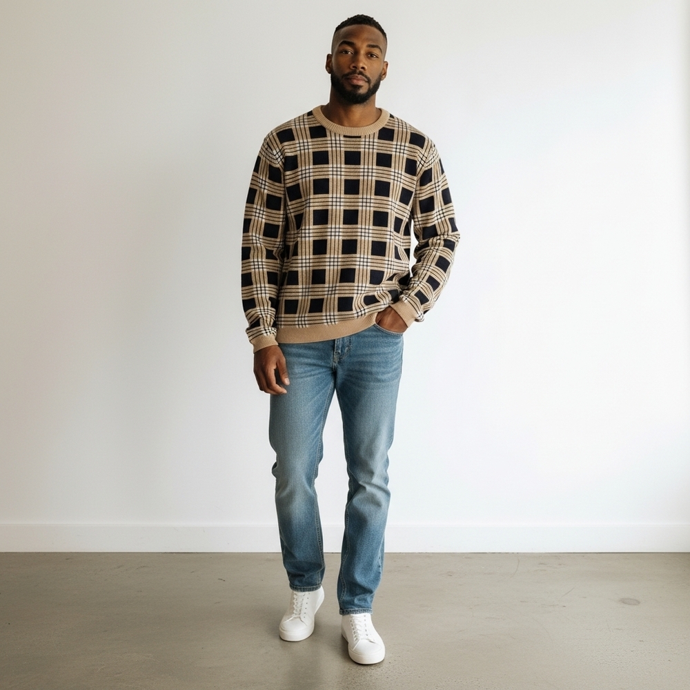 Asos Men's‎ Window Pane Crew Neck Sweater Tan & Black Size Large